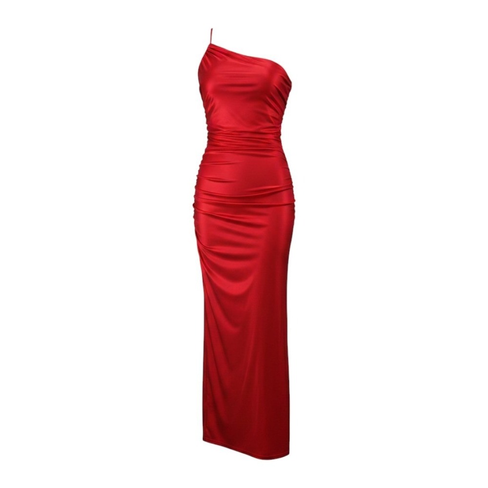 Lulus One Shoulder Red Dress Satin Gown sz Small Formal Party Wedding Bridesmaid